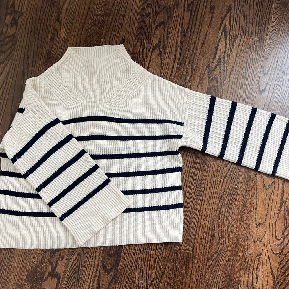 A.L.C. Cream and Blue High Neck Sweater with Boxy Fit and Striped Sleeves